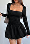 Square Neck Long Sleeve Black Mini Dress with Gathered Side and Balloon Skirt - 3