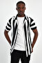 Men's Slim Fit Apaş Collar Striped Cotton Short Sleeve Shirt Black White - 2