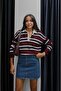 Burgundy Cream Striped Polo Neck Sweater