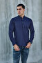 Dark Blue Judge Collar Half Pat Lycra Linen Texture Cotton Slim Fit Men's Shirt - 3