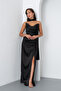 Women's Black Shawl Collar Satin Long Evening Dress