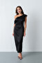 Women's Black Slim Fit Degaje Collar Satin Dress - 4