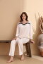 Ecru Milan Soft Knitted Lycra Long Sleeve Women's Lace Pajama Set - 2
