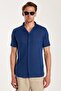 Men's Slim Fit Knitted Fabric Apache Collar Casual Short Sleeve Navy Blue Shirt - 4