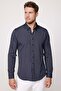 Men's Slim Fit Slim Cut Long Sleeve Cotton Easy-Iron Striped Navy Blue Button-Down Collar Shirt