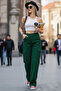 Lycra Denim Cargo Pants - High Waist Khaki Green Lycra Wide Leg Comfortable