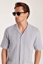 Men's Regular Fit Comfortable Cut Oversize 100% Cotton Linen Effect Short Sleeve Sporty Lapel Collar Gray Shirt