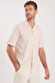 Men's Regular Fit Classic Cut Short Sleeve Apaş Collar Striped Pocket 100% Cotton Shirt