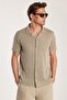 Men's Slim Fit Knitted Fabric Apache Collar Casual Short Sleeve Beige Shirt