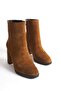 Mubiano Genuine Leather Collection Women's Zippered Round Toe Thick Heeled Short Suede Boots Brown - Mca - 9