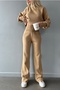 Turtleneck Hand-Interlocking Flexible Camel Knitwear Sweater and High Waist Camel Knitwear Trousers Set 015 - 5
