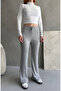 High Waist Bird Eye Detailed Corded Fabric Ribbed Knit Flared Pants - 2