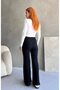 High Waist Bird Eye Detailed Corded Fabric Ribbed Knit Flared Pants - 5