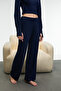 Mariposa Women's Round Neck Stripe Patterned Crop Wide Leg Knitwear Navy Blue Top and Bottom Set - 6