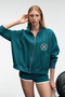 Tormenta Women's Embroidered Zipper Stand Collar Double Pocket Raglan Sleeve Dark Turquoise Sweatshirt - 2