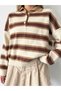 Women's Beige Polo Neck Striped Knitwear Sweater - 7