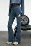 DAVIRA Women's Cotton Printed and Patch-Detailed Pocketed Regular Petroleum Blue Sweatpants