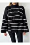 Women's Black Oversize Striped Half Turtleneck Knitwear Sweater