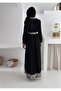 Women's Black Color Leopard Pattern Detailed Belted Hijab Suitable Long Length Dress - 7