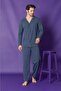 Men's Petrol Blue Long Sleeve Front Buttoned Jersey Fabric Pajama Set - 3