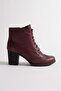 Women's Genuine Leather Laser Detailed Lace-Up Boots - Claret Red - 3