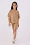 Girl's Crew Neck Wrap Embroidered Summer Regular Fit Brown Bermuda Set Us1848-C-V9