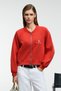 Yasvell Women's Metal Zipper Double Pocket Embroidery Detail Balloon Sleeve Bomber Red Jacket