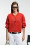 Yasvell Women's Metal Zipper Double Pocket Embroidery Detail Balloon Sleeve Bomber Red Jacket - 3