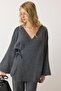 Lace-Up Closure Kimono Pants Knitwear Set Anthracite 9364-Tk - 5