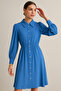 Women's Blue Buttoned Long Sleeve Midi Shirt Dress - 8