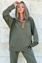 Women's Khaki Hooded Snap Fastener Oversized Sweatshirt and Pants Set Prmx12476 - 2