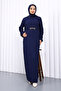 Navy Blue Belted Ruffle Detailed Seersucker Dress