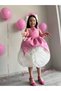 Pink Satin Skirt White Rose Motif Special Design Girls' Formal Birthday Dress + Gloves + Hair Clip - 8
