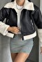 Women's Plush Detailed Crop Biker Faux Leather Coat - 2