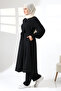 Women's Linen Hajj and Umrah Clothing Belted Hijab Two-Piece Set - Black - 3