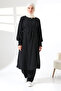 Women's Linen Hajj and Umrah Clothing Belted Hijab Two-Piece Set - Black