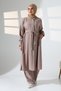 Women's Linen Hajj and Umrah Clothing Belted Hijab Two-Piece Set - Mink