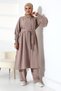 Women's Linen Hajj and Umrah Clothing Belted Hijab Two-Piece Set - Mink - 7