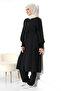 Women's Linen Hajj and Umrah Clothing Belted Hijab Two-Piece Set - Black - 7