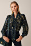 Women's Navy Blue Chiffon Blouse Shirt – Patterned Model with Scarf Detail