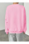 Women's Oversize Minimal White Ribbon Printed Pink Ribbed 2 Thread Crew Neck Sweatshirt - 3