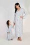 Ladies Jalabiya – White Base with Blue Florals and Embroidered Neckline - 3