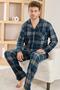 Light Navy Blue Plaid Patterned Front Buttoned Elegant Men's Pajama Set