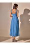 Women's Long Blue Dress with Front Gather Detail - 7