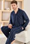 Navy Blue Plaid Patterned Buttoned Front Elegant Men's Pajama Set