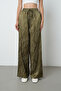 Women's Khaki Patterned Wide Leg Elastic Waist Lace-Up Trousers