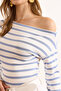 Women's Striped Indigo Striped Premium Soft Touch Boat Neck Stretchy Blouse Blz-19002448 - 5