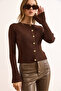 Women's Brown Gold Buttoned Spanish Sleeve Ribbed Cardigan Hrk-19000388