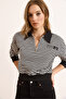 Women's Black Polo Neck Zippered Striped Unlined Crop Sweatshirt Swt-19000746 - 4