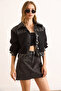 Women's Black Faux Leather Garnished Lined Boucle Jacket Ckt-19000463 - 4